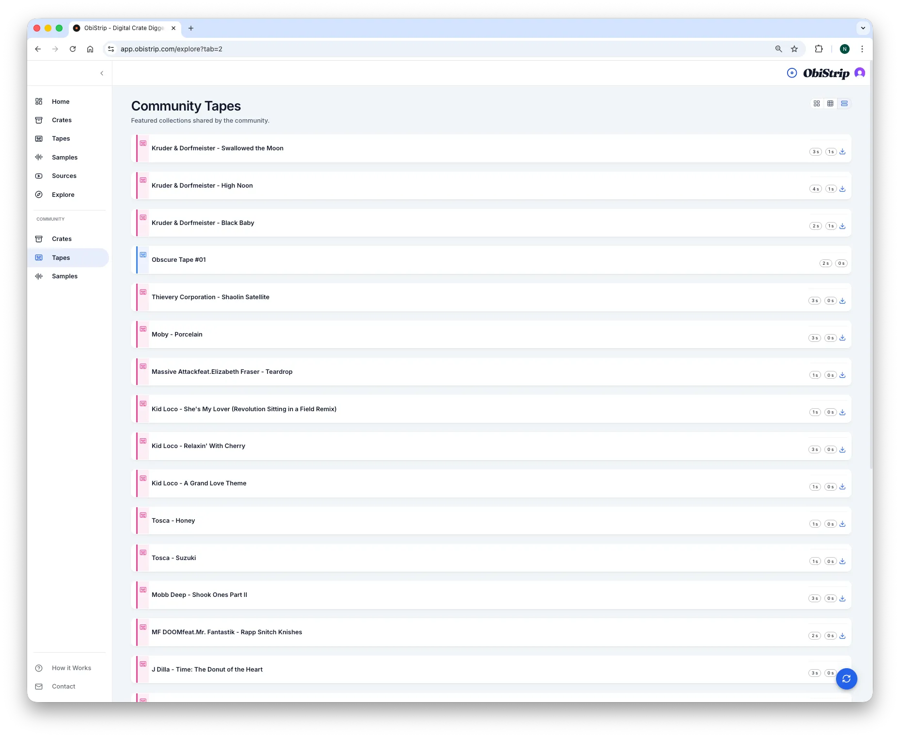 ObiStrip community tapes view showing curated grouped finds published by other users.
