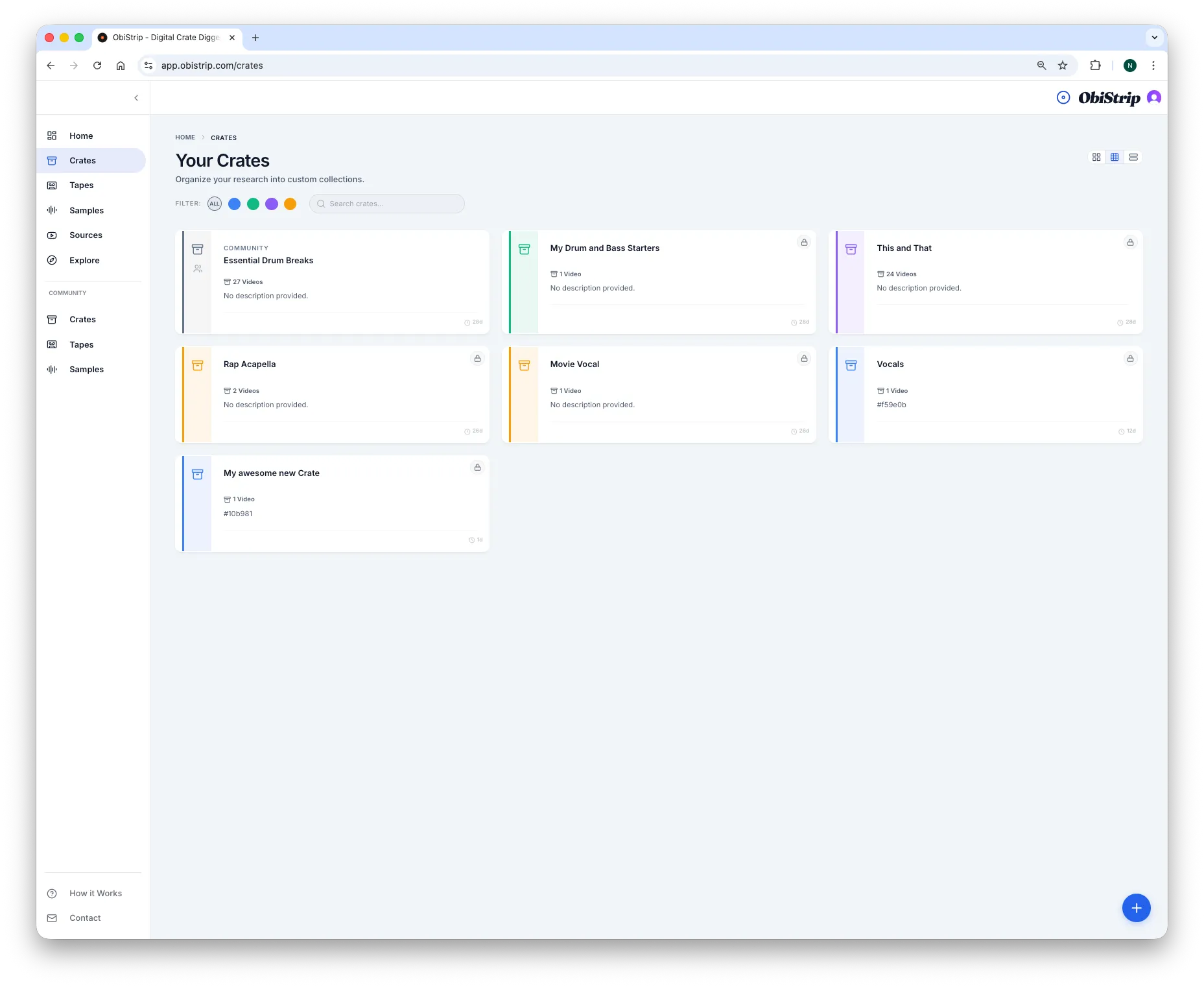 ObiStrip crates view showing collections of videos and sources for organized digging sessions.