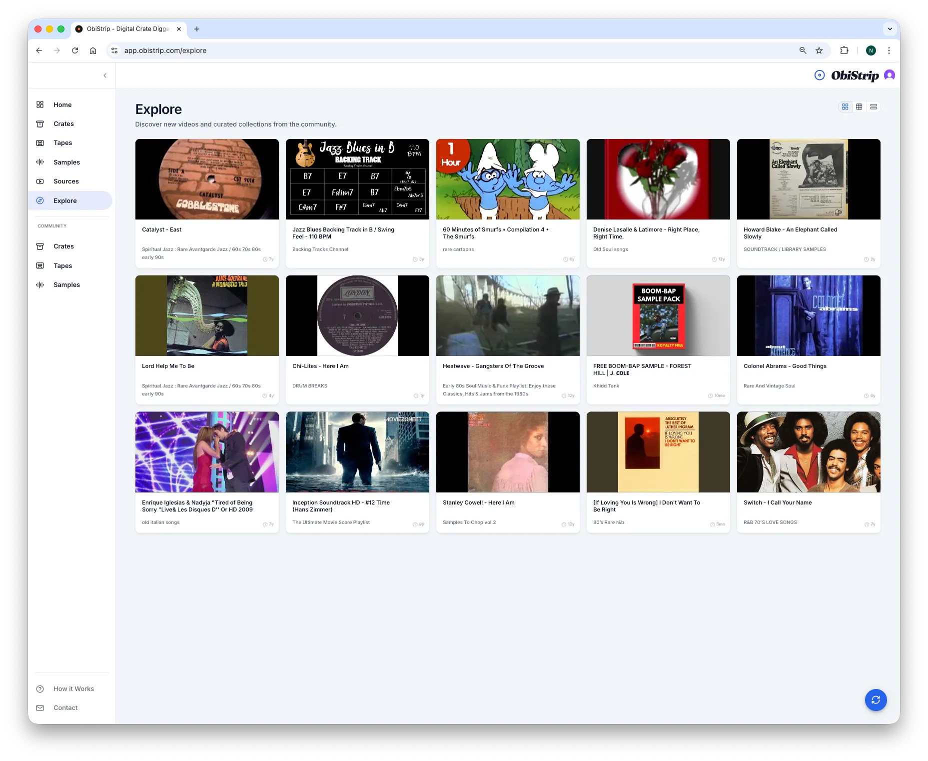 ObiStrip explore view showing curated channels and playlists for discovery.