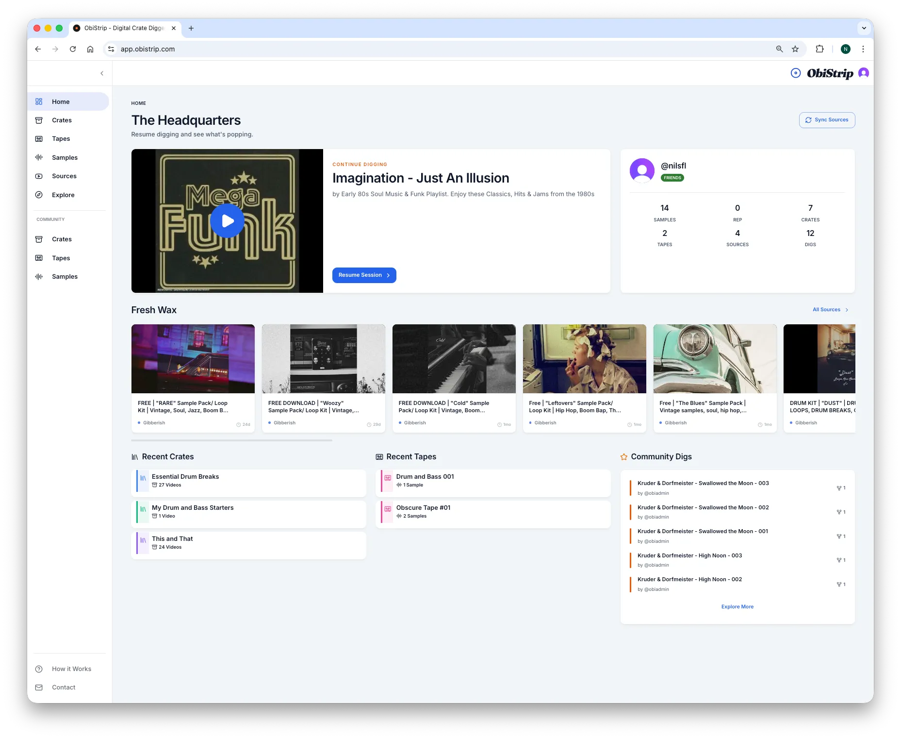ObiStrip headquarters showing where digging stopped, recent source updates, and saved crates, tapes, and samples.