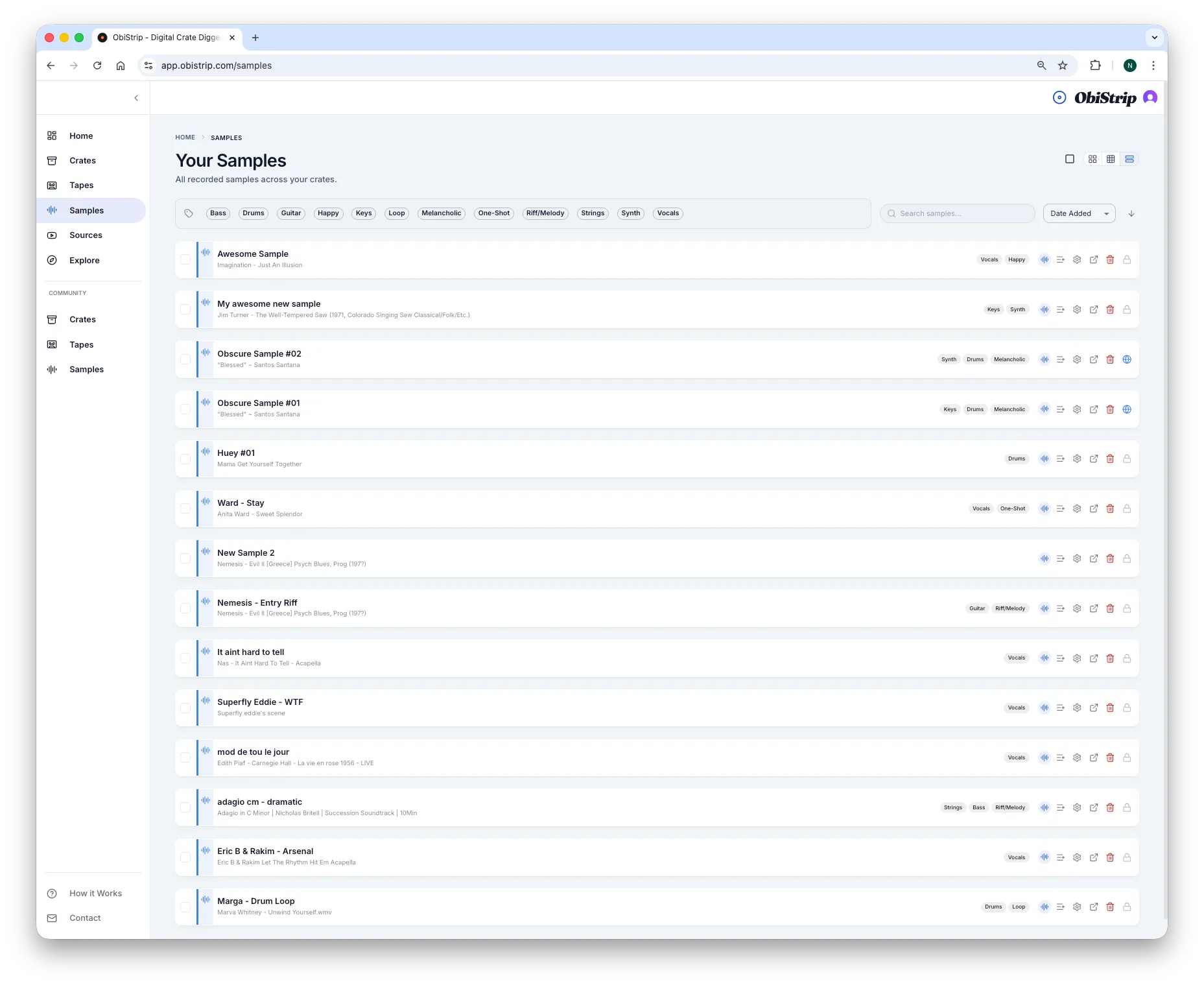 ObiStrip samples view showing saved timemarks and tagged sample moments.