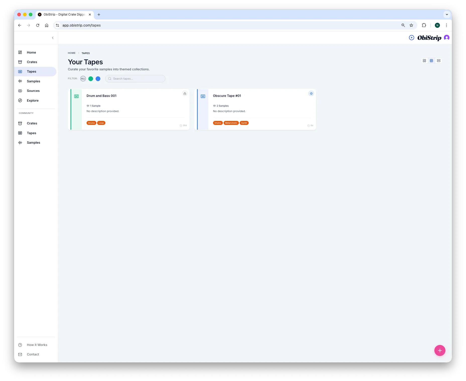 ObiStrip tapes view showing grouped sample finds organized into reusable collections.