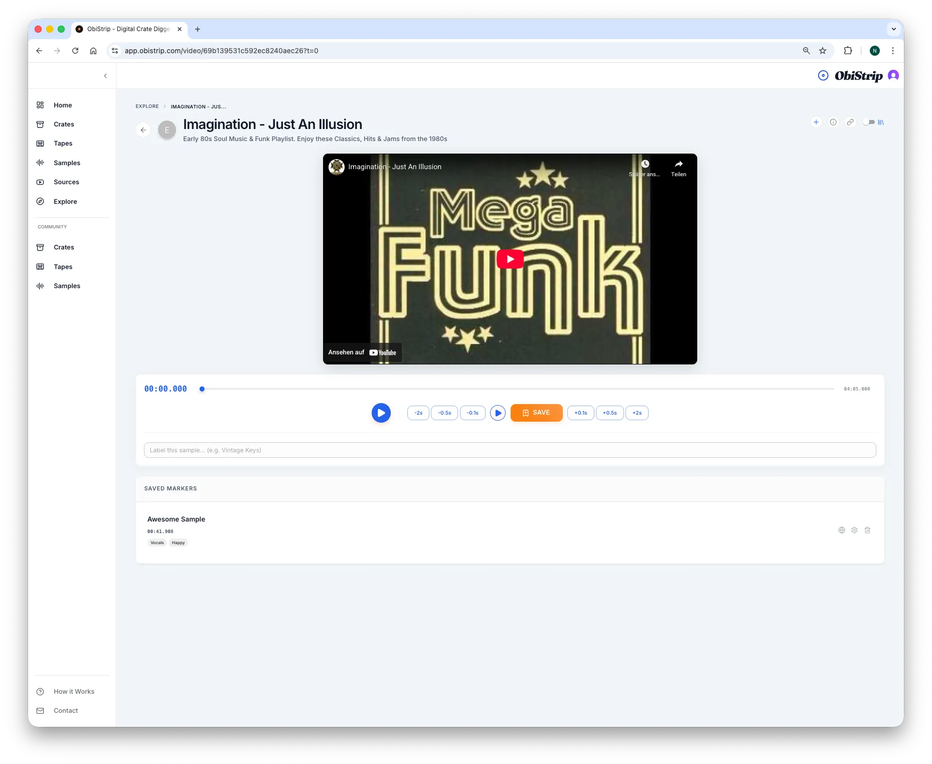 ObiStrip video view with playback controls and precise sample timemark creation.